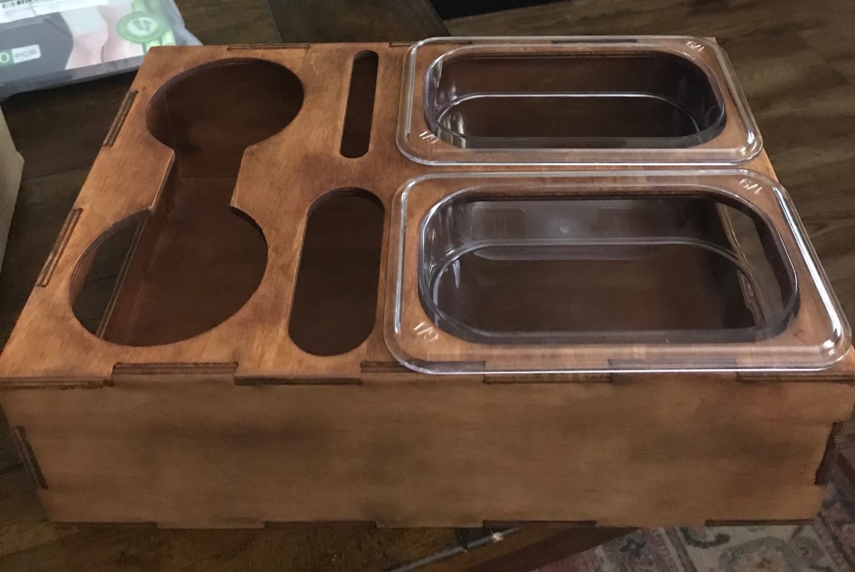 Wood Beer Box - Gift for Beer Lovers, Dad, Man, Him, Boyfriend- Drink Box Snacks Tray- Table Stand Caddy with slots for glasses, chips, nuts- Couch Organizer for Beverages, Remote Control, Phone stand customer photo 1