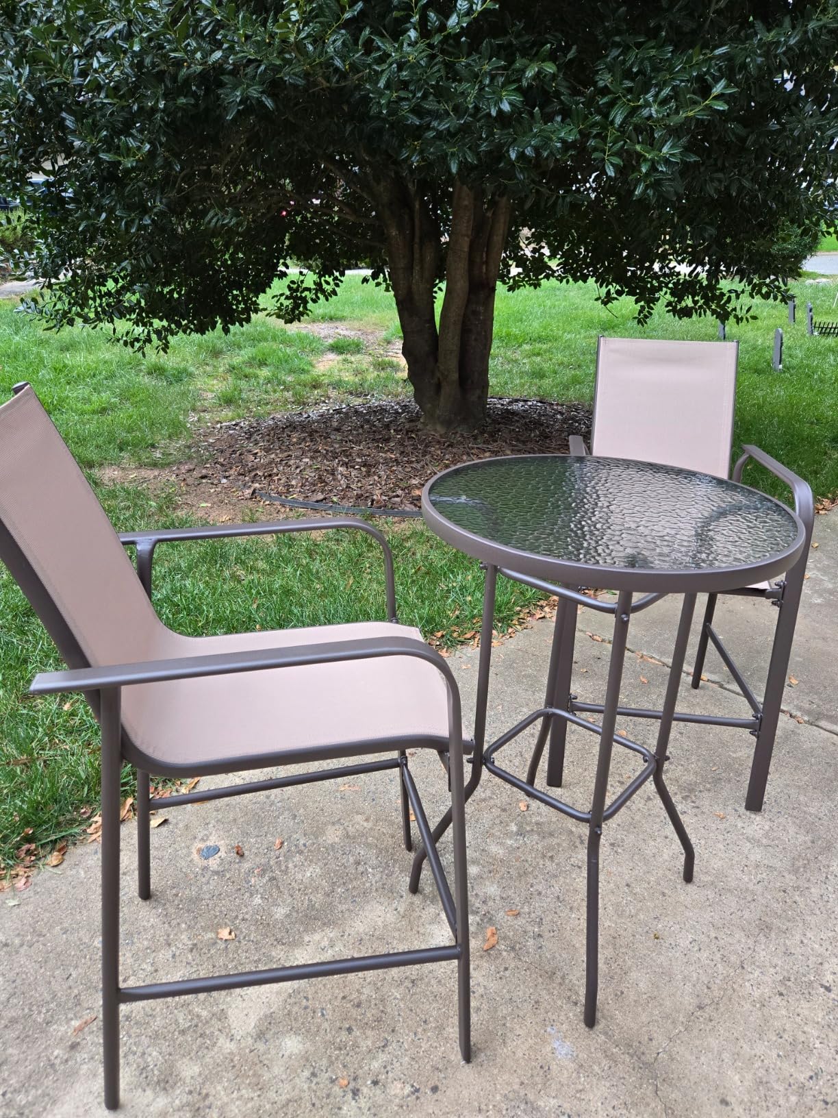 Tangkula 3 Pieces Outdoor Patio Bar Set, Outdoor Bistro Set with 2 Bar Stools and 1 Tempered Glass Bar Table, Bar Height Patio Table and Stools Set for Backyard, Garden, Lawn (Black) customer photo 2