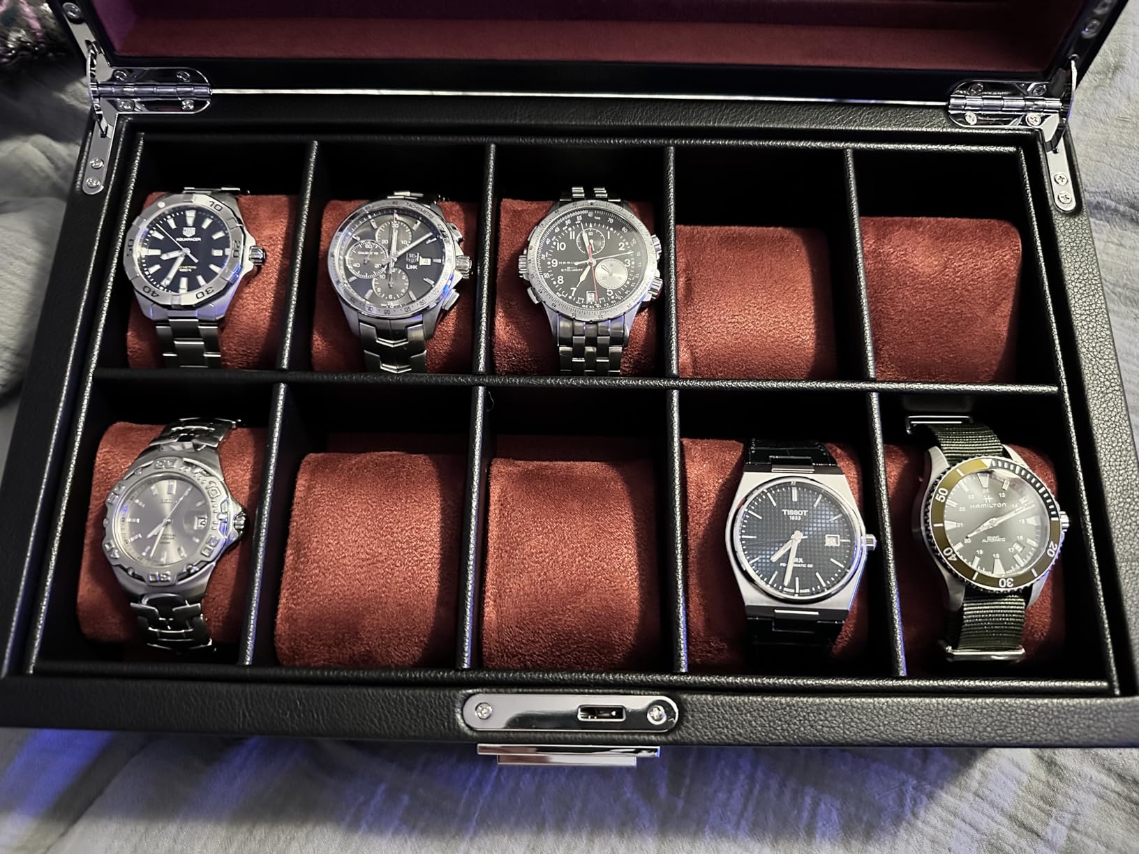 ROTHWELL 10-Slot Watch Box in Leather with Valet Drawer, Luxury Watch Case Display Organizer with Ultra Soft Microsuede Liner, Jewelry and Sunglass Holder With Large Glass top (Tan/Brown) customer photo 2