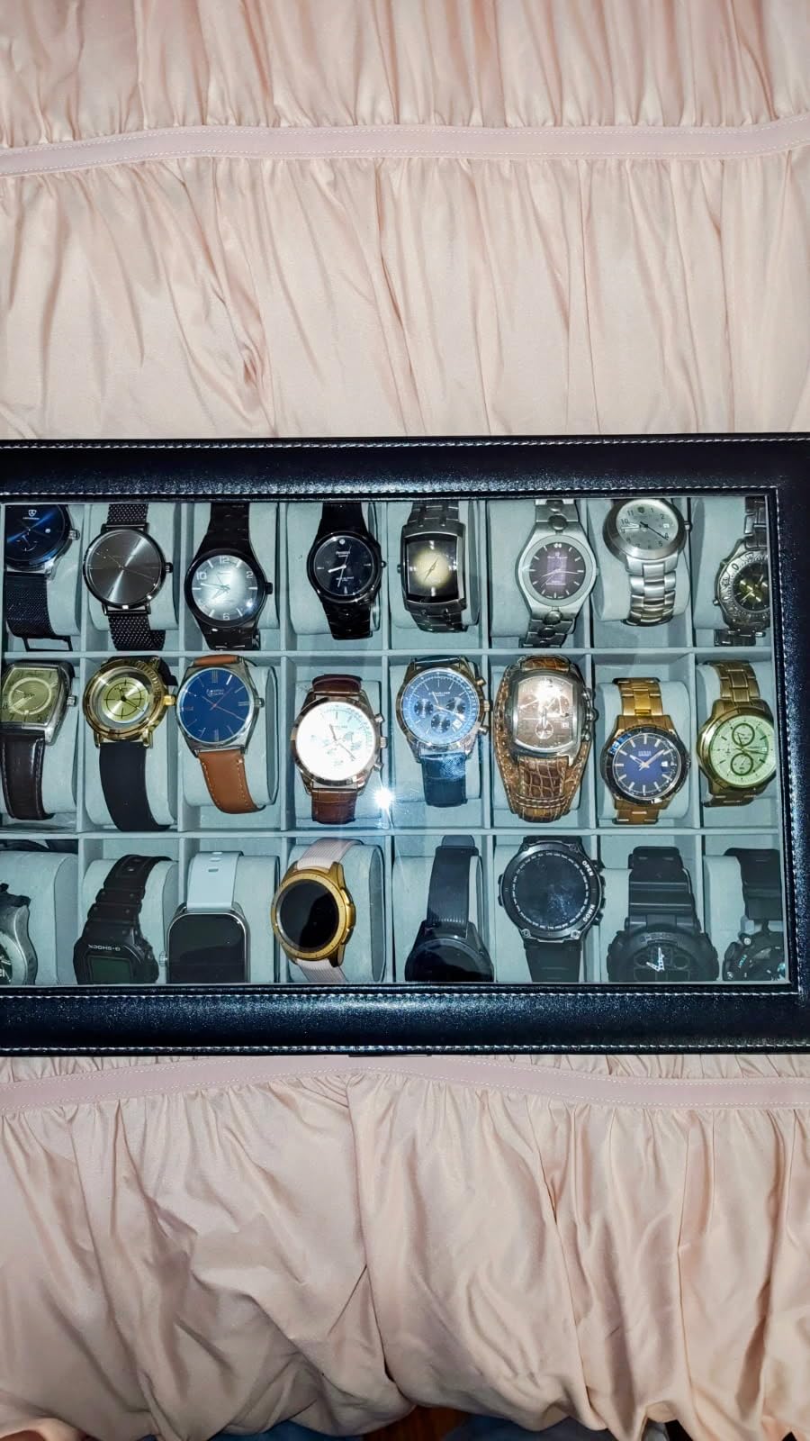 24 Slots Watch Box, Watch Case Display Organizer, Watch Display Case Glass Top for Men Women PU Leather Display Storage Collection Organizer Jewelry Case with Removable Pillows customer photo 2