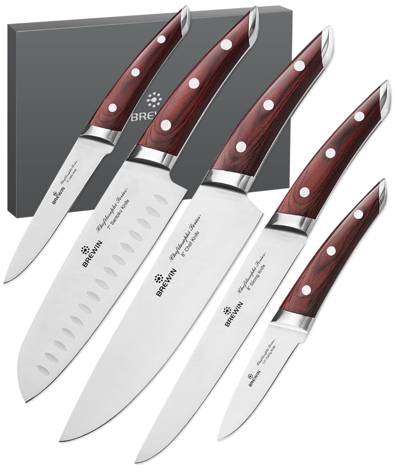 Brewin CHEFILOSOPHI Japanese Chef Knife Set 5 PCS with Elegant Red Pakkawood Handle Ergonomic Design, Professional Ultra Sharp Kitchen Knives for Cooking High Carbon Stainless Steel customer photo 1