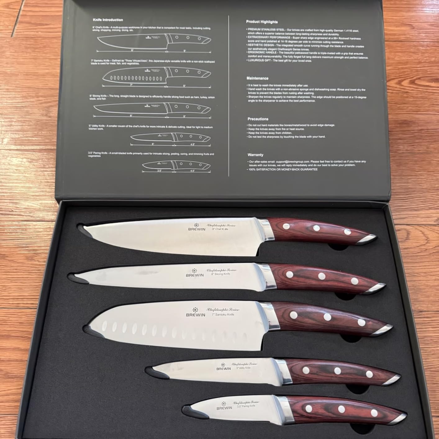 Brewin CHEFILOSOPHI Japanese Chef Knife Set 5 PCS with Elegant Red Pakkawood Handle Ergonomic Design, Professional Ultra Sharp Kitchen Knives for Cooking High Carbon Stainless Steel customer photo 2