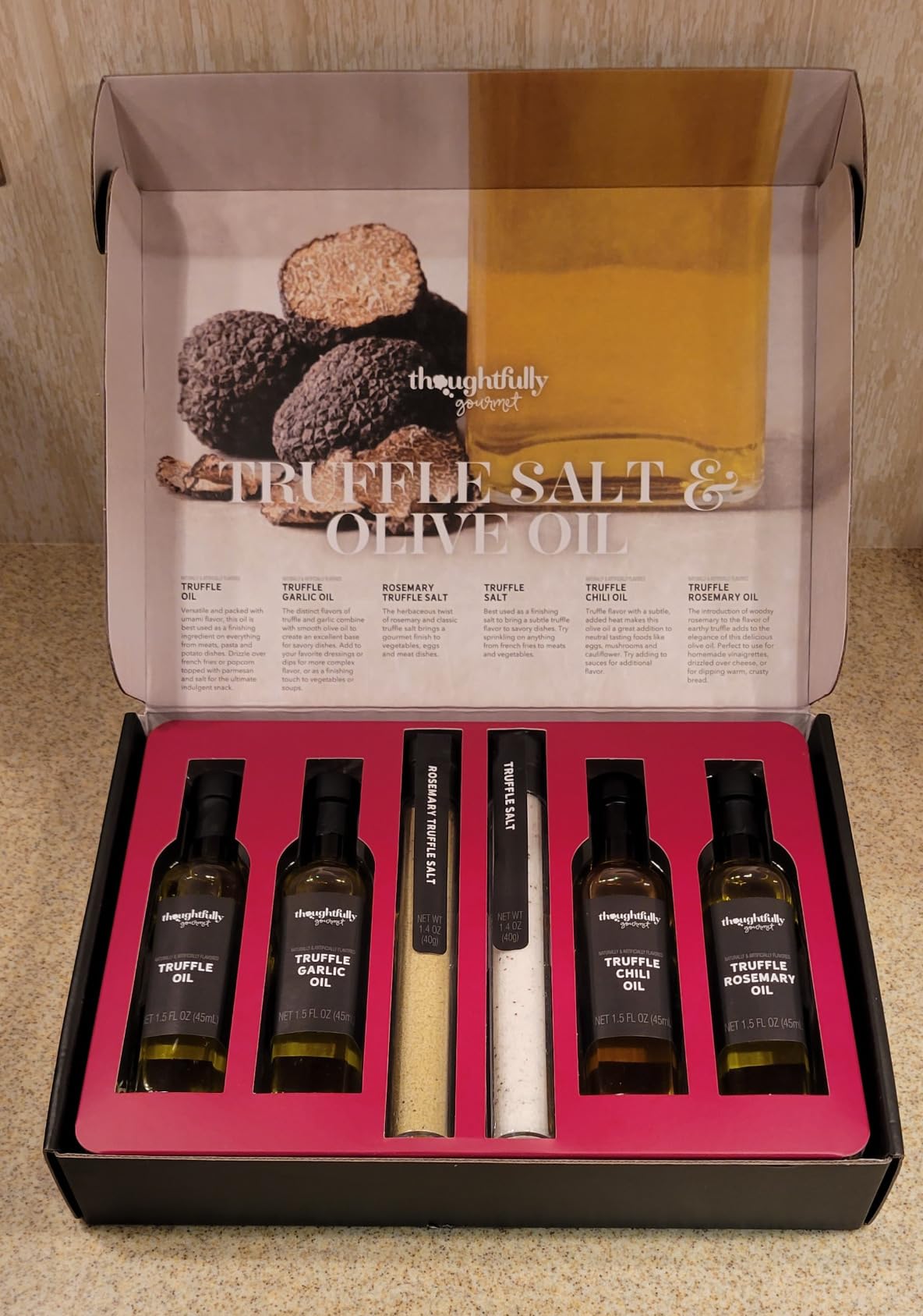 Thoughtfully Gourmet, Truffle Salt & Olive Oil Gift Set, Includes 4 Premium Extra Virgin Olive Oil, 2 Truffle Salts with Real Truffles, Set of 6 customer photo 2