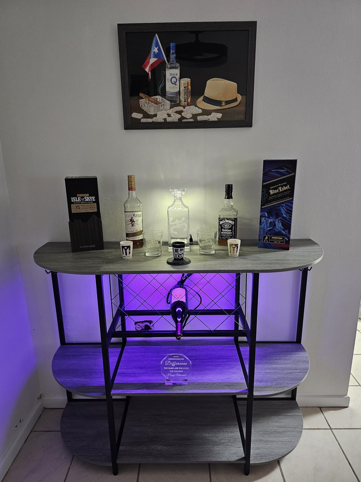 Unikito 4-Tier Metal Coffee Bar Cabinet with Outlet and LED Light, Freestanding Floor Table for Liquor Glass Holder Wine Rack Storage, Bakers Kitchen Dining Room, White Oak customer photo 1