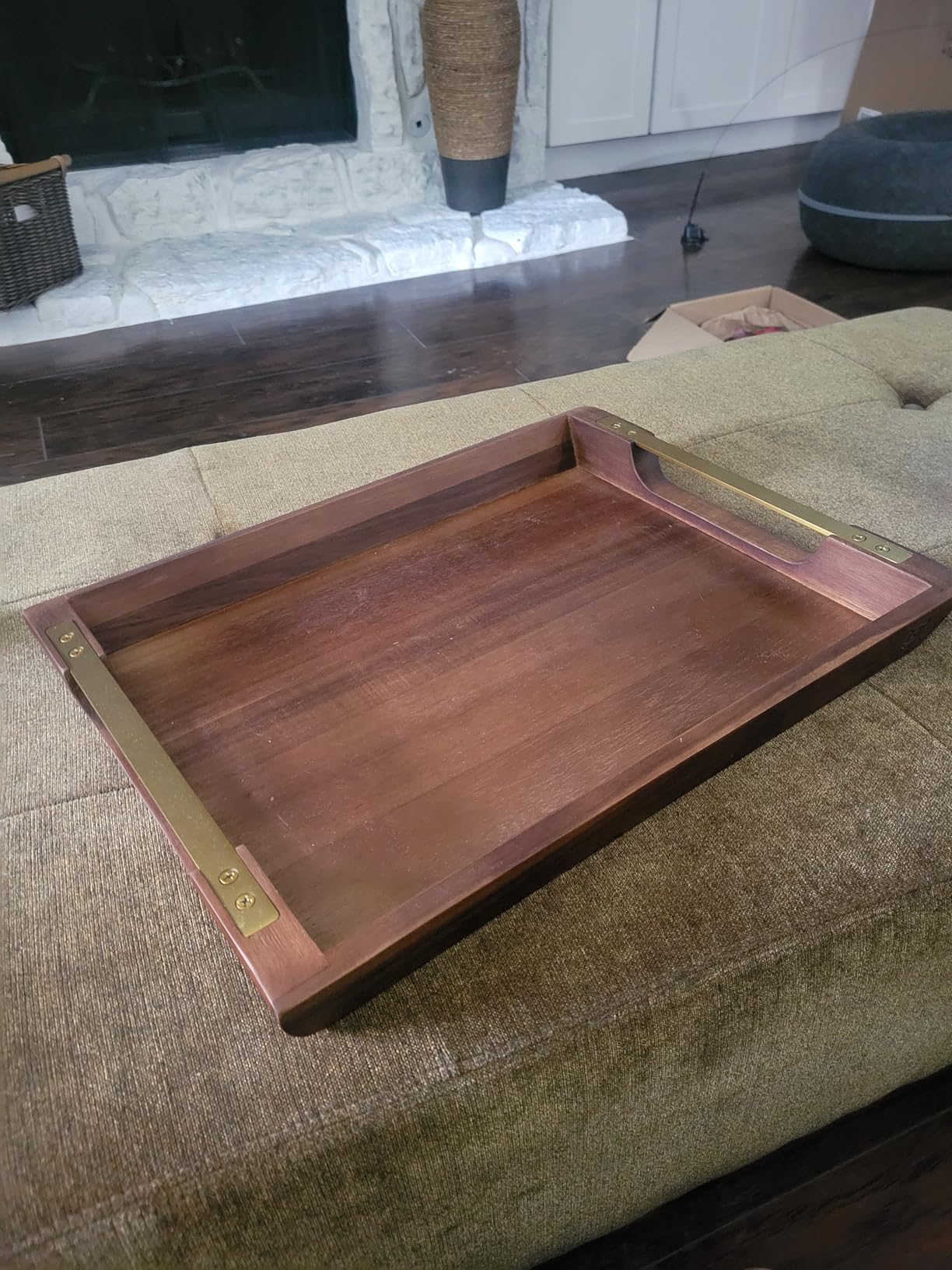 Acacia Wood Serving Tray with Metal Handles, 17x13in Food Drinks Tray for Coffee Table, Breakfast, Dinner & Bar, Rustic Decorative Storage Tray for Ottoman, Kitchen, Elegent Gift for Mom customer photo 1