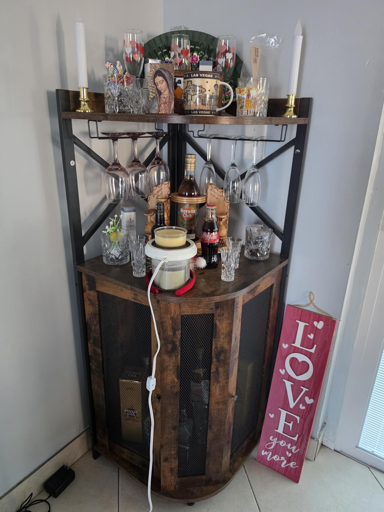JKsmart Corner Bar Cabinet with LED Lights, Industrial Wine Cabinet with Glass Holder, 4-Tier Wine Cabinet with Door and Shelf, Farmhouse Home Bar for Liquor Wine Coffee Storage, Rustic Brown customer photo 2