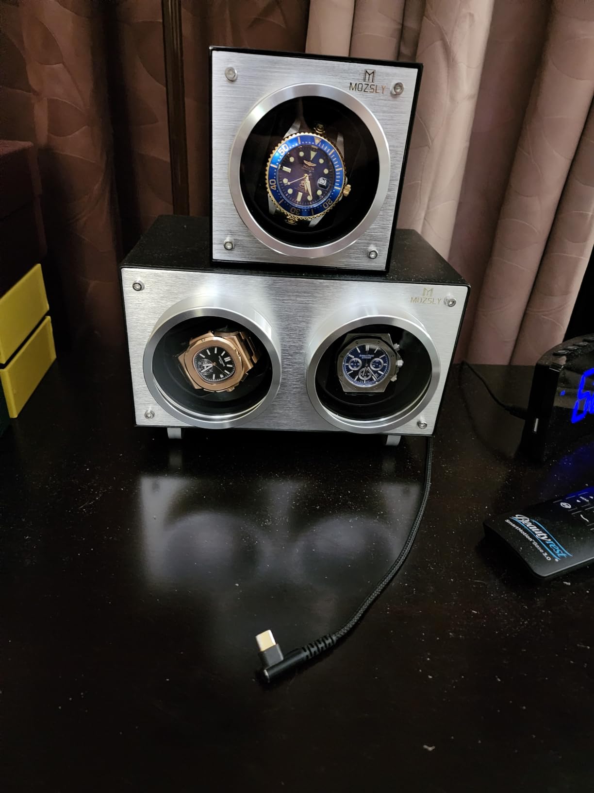 MOZSLY Double Watch Winder for Automatic Watches with Quiet Motor, 12 Rotation Mode Setting, AC Adapter or Battery Powered, PU Leather customer photo 1