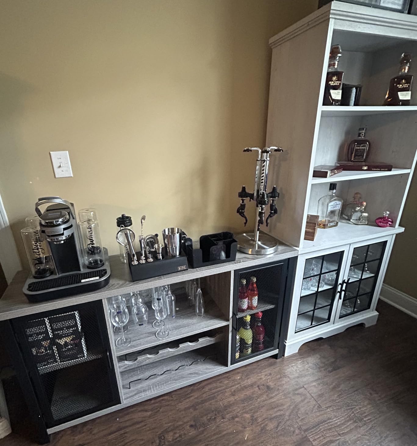Launica Liquor Bar Cabinet, Industrial Wine Cabinet, Rustic Sideboard Buffet Cabinet for Liquor and Glasses, Coffee Bar Cabinet with Storage Rack for Home Kitchen Dining Room, Dark Grey Oak, 55 in customer photo 2