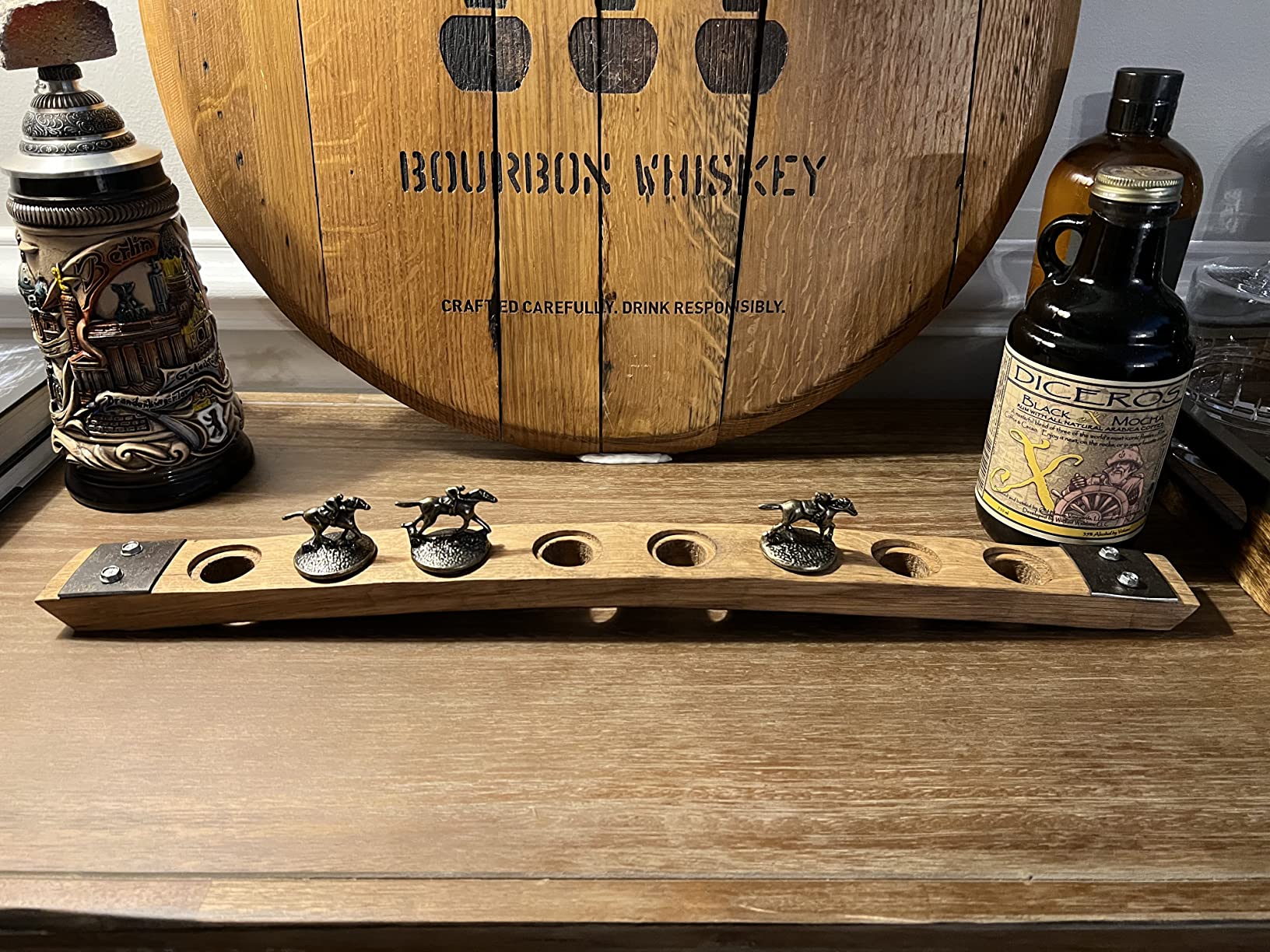 Bourbon Stopper Display for Blanton's - Authentic Whiskey Barrel Stave, Cork Display Holder, Natural with Metal Hoop customer photo 2