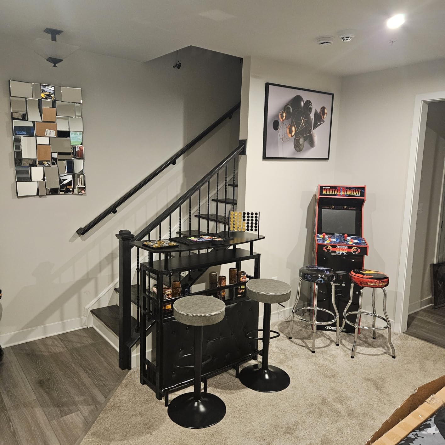 Tribesigns Home Bar Unit for Liquor, 44-Inch Bar Height Table with Storage, Black Mini Entertainment Carts Pub Table with Upholstered & Metal Front Footrest for Kitchen, Balcony, Basement customer photo 1