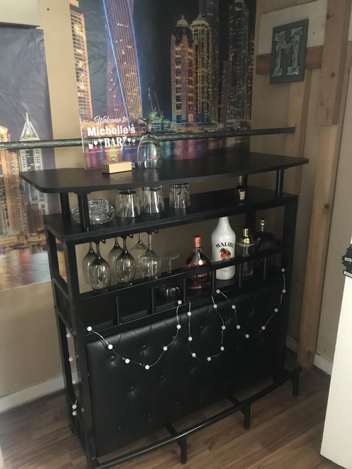 Tribesigns Home Bar Unit for Liquor, 44-Inch Bar Height Table with Storage, Black Mini Entertainment Carts Pub Table with Upholstered & Metal Front Footrest for Kitchen, Balcony, Basement customer photo 2
