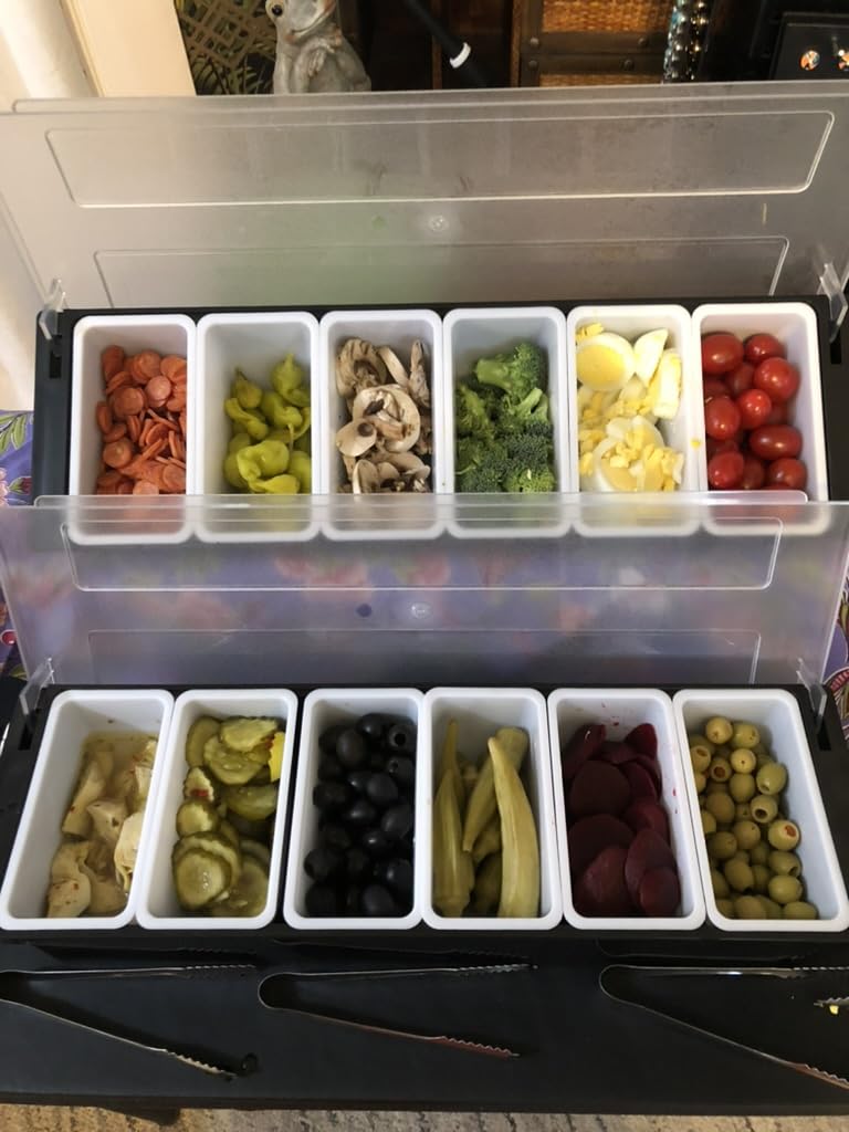 2 Ice Cooled Garnish Tray Deck Bar Garnish Caddy Condiment Containers with Lids and Removable Chilled Condiment Server with 6 Tongs and 6 Fruit Forks (6 Compartments) customer photo 1