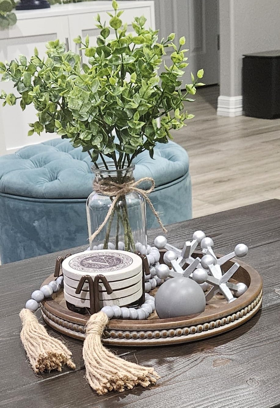 Hanobe Round Wooden Decorative Tray: White Washed Bead Tray Decor for Coffee Table Centerpiece Rustic Farmhouse Tray for Kitchen Counter Living Room Decoration customer photo 1