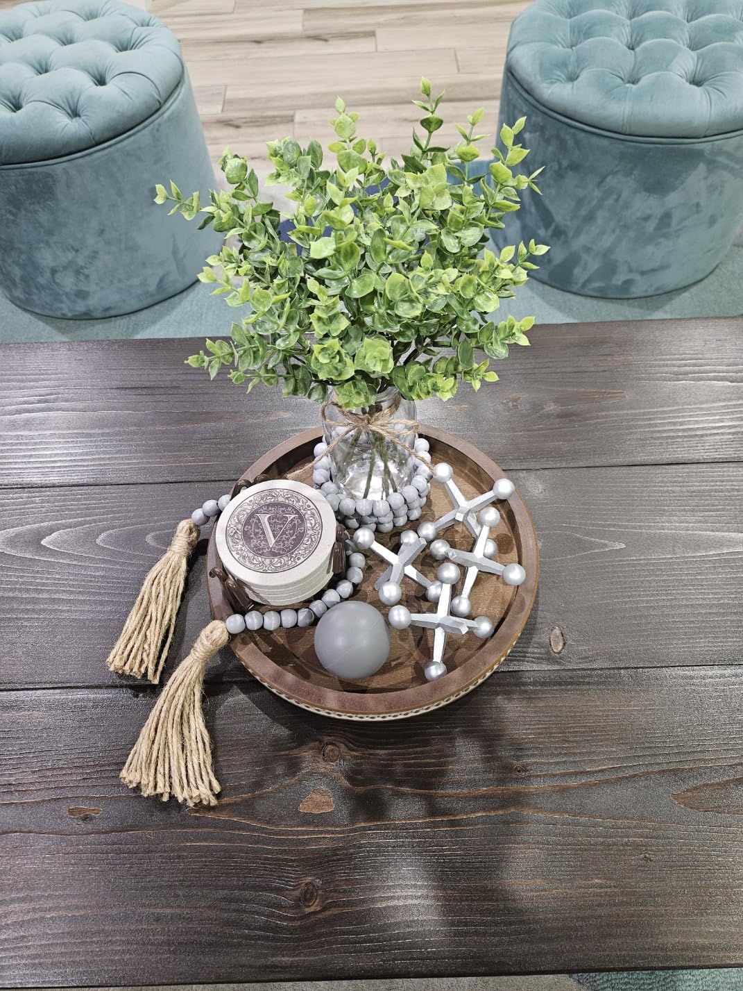 Hanobe Round Wooden Decorative Tray: White Washed Bead Tray Decor for Coffee Table Centerpiece Rustic Farmhouse Tray for Kitchen Counter Living Room Decoration customer photo 2