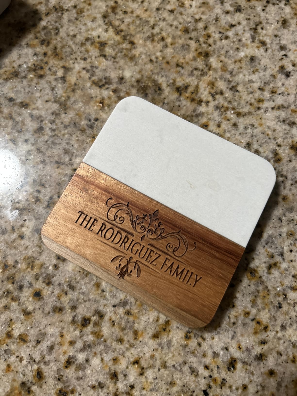 The Wedding Party Store Custom Personalized Marble, Slate and Acacia Bar Coasters for Drinks, Wedding Gift for Couples (Round Marble and Acacia) customer photo 1
