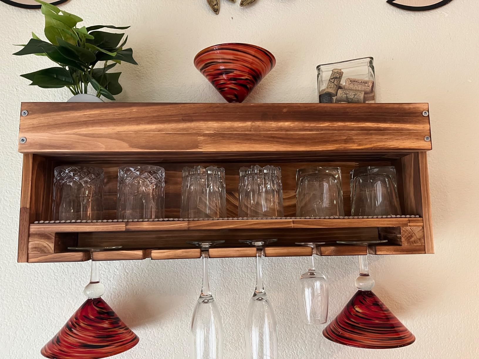 Homde Wine Rack Wall Mounted Wood, Alcohol Shelf with Bottle Stemware Glass Holder Rustic Whiskey Display Storage with Cork Storage for Home Bar Kitchen Decor (Regular Without LED) customer photo 2