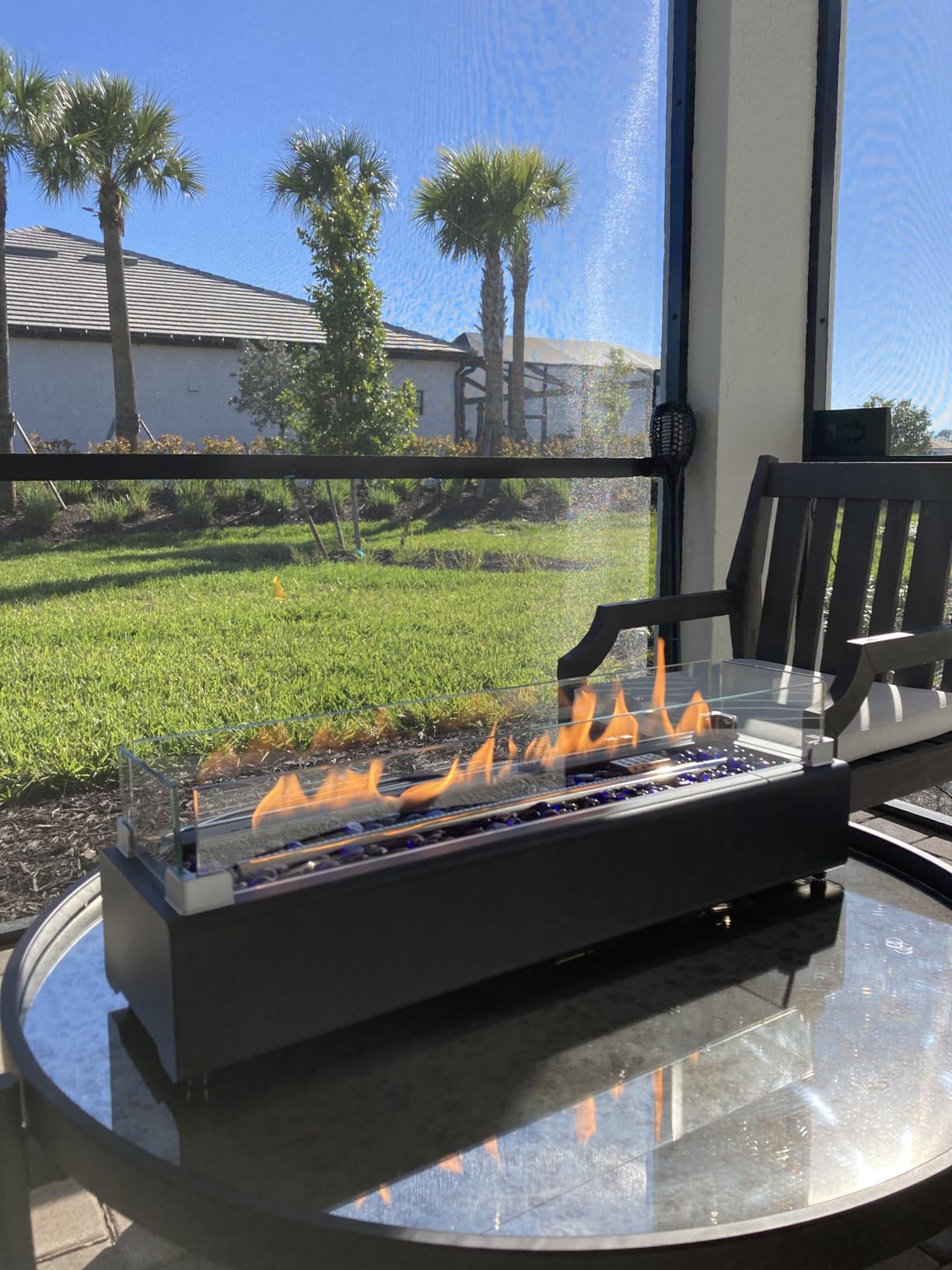 28-inch Table Top Propane Fire Pit, 40,000 BTU Tabletop Firepit for Patio, Outdoor Portable Rectangular Fire Bowl w/Wind Glass Shield, Glass Rocks - Black customer photo 2