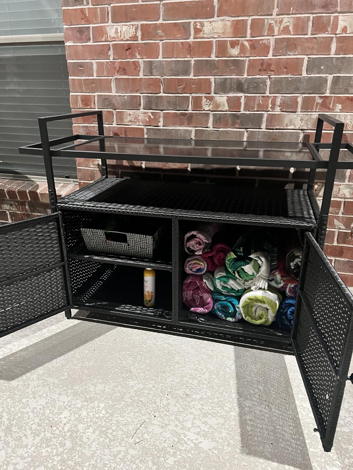 YITAHOME XL Outdoor Storage Cabinet, Outdoor Storage Cart with Wheels and Black Glass Table Top for Patio, Outdoor Cabinet for Poolside and Backyard (Dark Brown) customer photo 1
