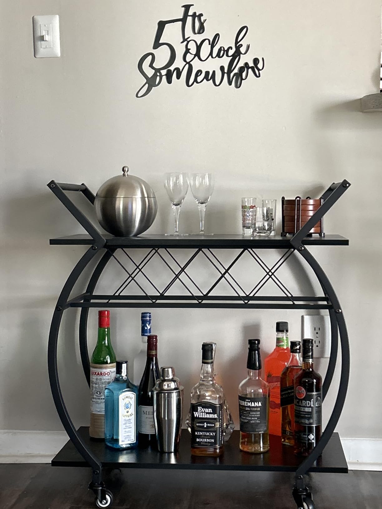 LVB Industrial Kitchen Bar Cart, Farmhouse Beverage Serving Liquor Cart with Wheels, Wood and Metal Rolling Wine Cart with Storage Shelf, Microwave Drink Cart for Home Living Dining Room, Rustic Brown customer photo 1