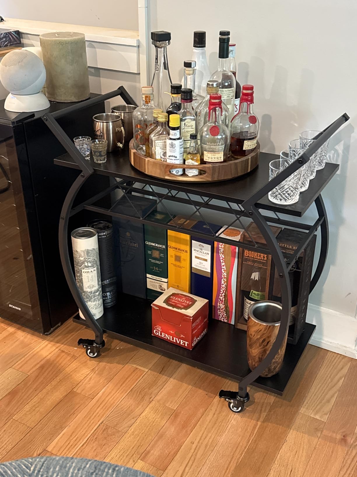 LVB Industrial Kitchen Bar Cart, Farmhouse Beverage Serving Liquor Cart with Wheels, Wood and Metal Rolling Wine Cart with Storage Shelf, Microwave Drink Cart for Home Living Dining Room, Rustic Brown customer photo 2