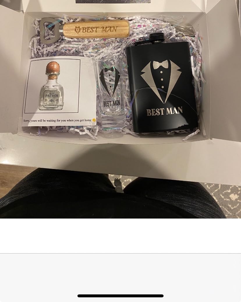 Yaomiao 30 Pcs Groomsmen Gift for Wedding, Including 6 Pcs 8 oz Groomsmen Flask 6 Wooden Bottle Opener 6 Party Favors Shot Glasses 6 Boxes Empty 6 Proposal Cards customer photo 1