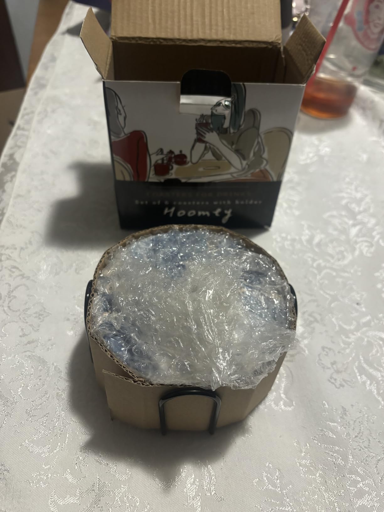 Set of 6 Abstract Blue Marble Coasters with Holder, Absorbent Ceramic Coasters for Drinks, Coasters with Cork Backing for Table Protection, Housewarming Gifts for New Home customer photo 1