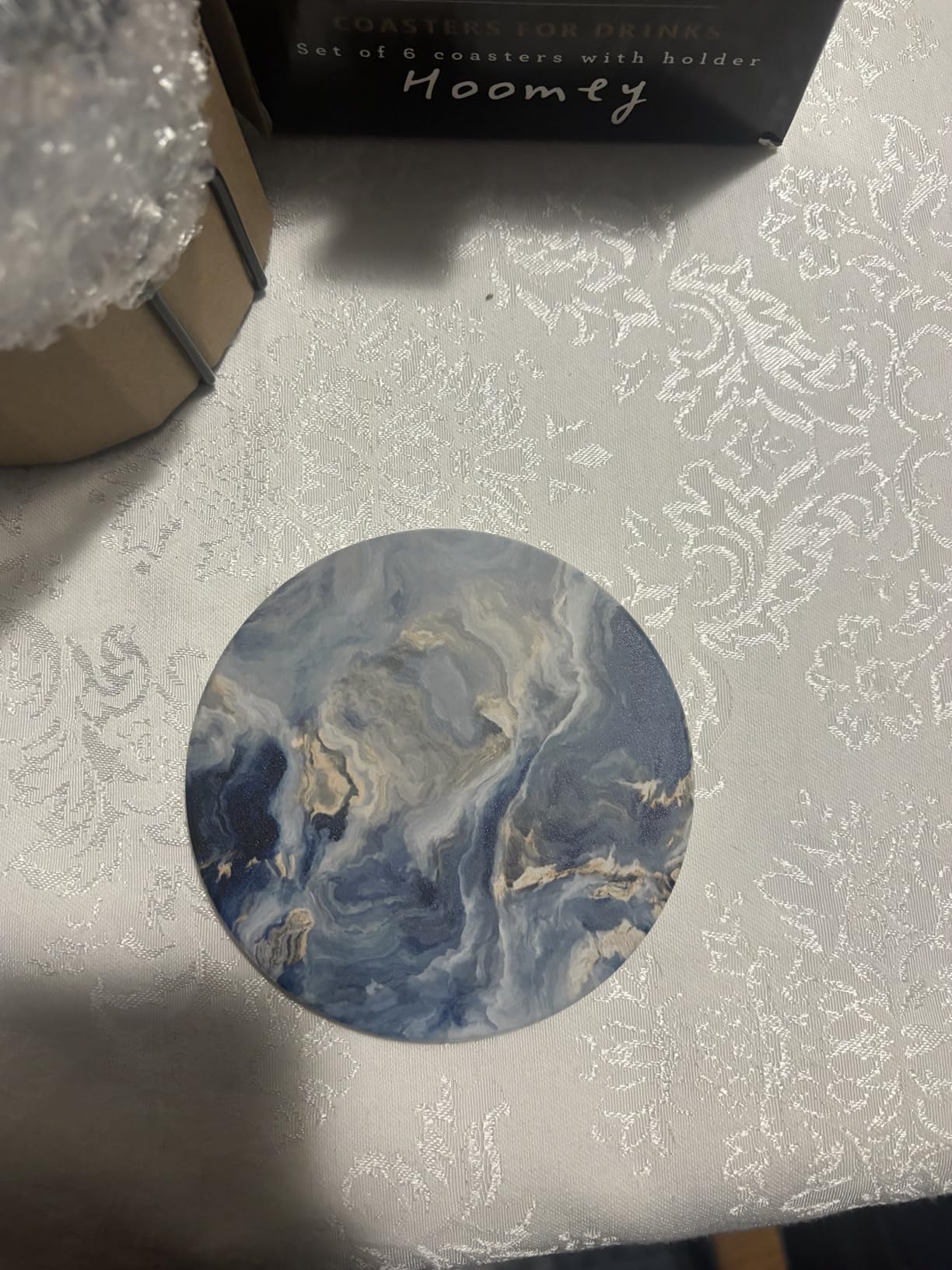 Set of 6 Abstract Blue Marble Coasters with Holder, Absorbent Ceramic Coasters for Drinks, Coasters with Cork Backing for Table Protection, Housewarming Gifts for New Home customer photo 2