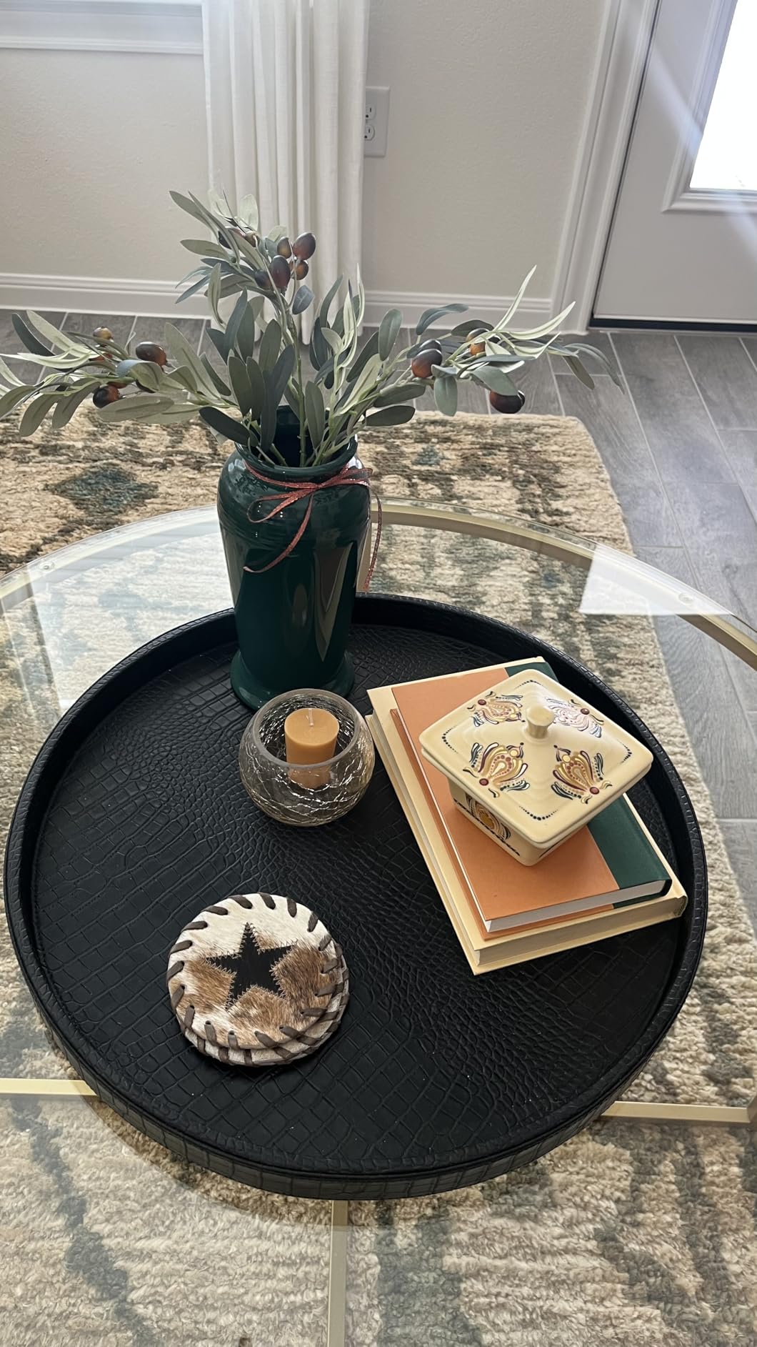 HofferRuffer Faux Leather Round Serving Tray, Vegan Croco Leather Decorative Tray, Food Tray for Storage Drinks, Snack & Cosmetics, Dia.12
