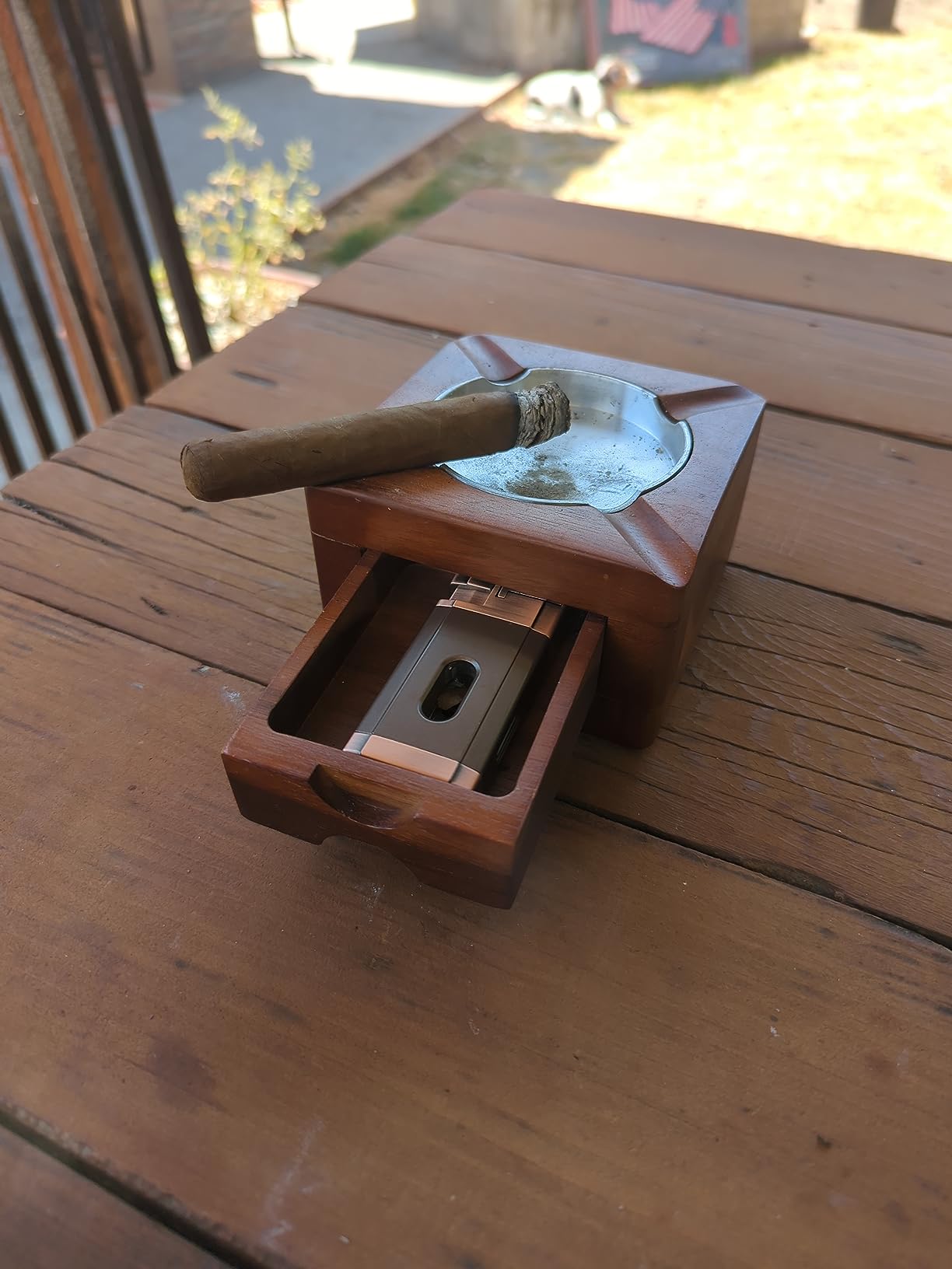 Tesonway Cigar Ashtray, Wooden Ashtray, Square Ashtray 4 Slots Cigar Holder with Accessories Drawer for Indoor Outdoor Patio Home Office, Personalized Cigar Gifts for Men customer photo 1