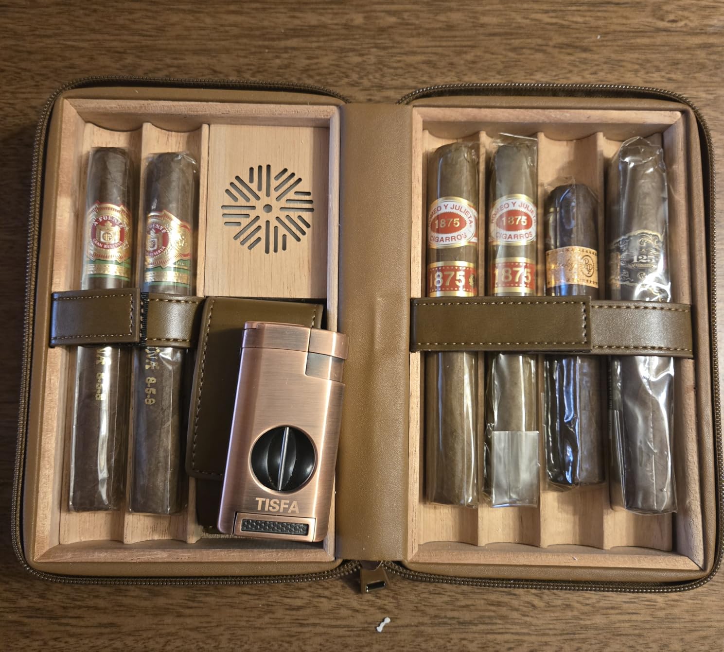 TISFA Cigar Humidor, Leather Cedar Wood Cigar Case with Cigar Lighter, V Cut Cigar Cutter, Cigar Holder 3 in 1, Portable Travel Cigar Humidor Box with Humidifier (Black) customer photo 1