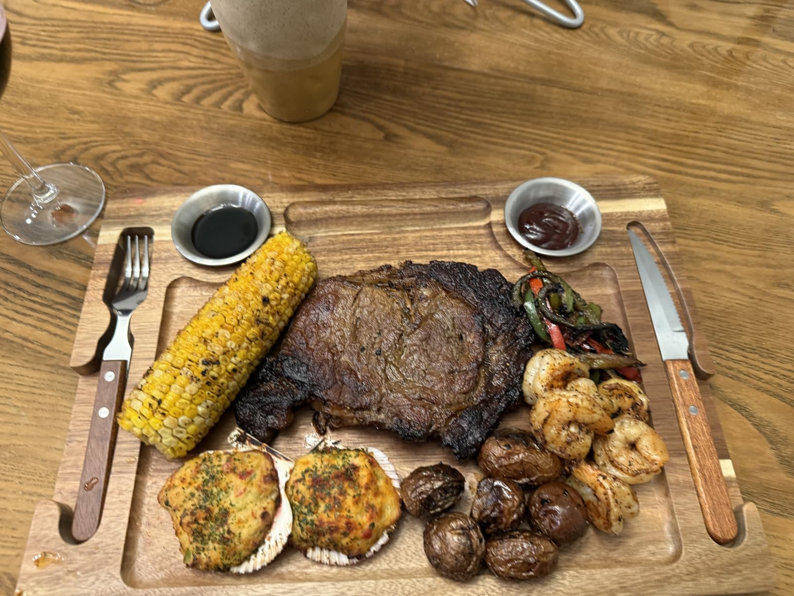 2 Set Acacia Wood Steak Plates Board with Knife Fork Ramekins, Knife-Friendly Food Serving Tray Deep Juice Groove Charcuterie Meat Cutting Boards for Dinner BBQ Party Restaurant & Housewarming Gifts customer photo 1