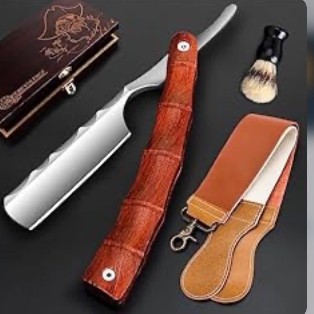 Professional Straight Blade Razor Kit with Strop - Stainless Steel Sharp Shaver Straight Edge Barber Razor for Men Home & Salon Grooming Using (Brown) customer photo 1