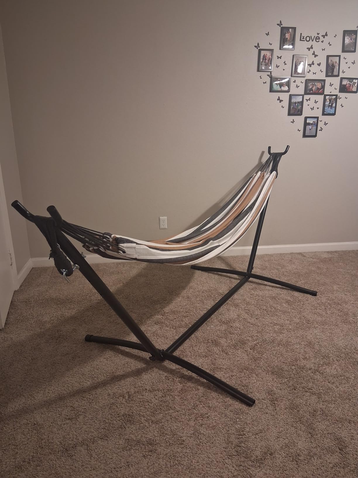 SZHLUX Double Hammock with Stand Included 450lb Capacity Steel Stand, Premium Carry Bag Included and Two Anti Roll Balance Beam, Portable Hammock with Stand for Backyard, Camping,Garden Brown Stripes customer photo 1