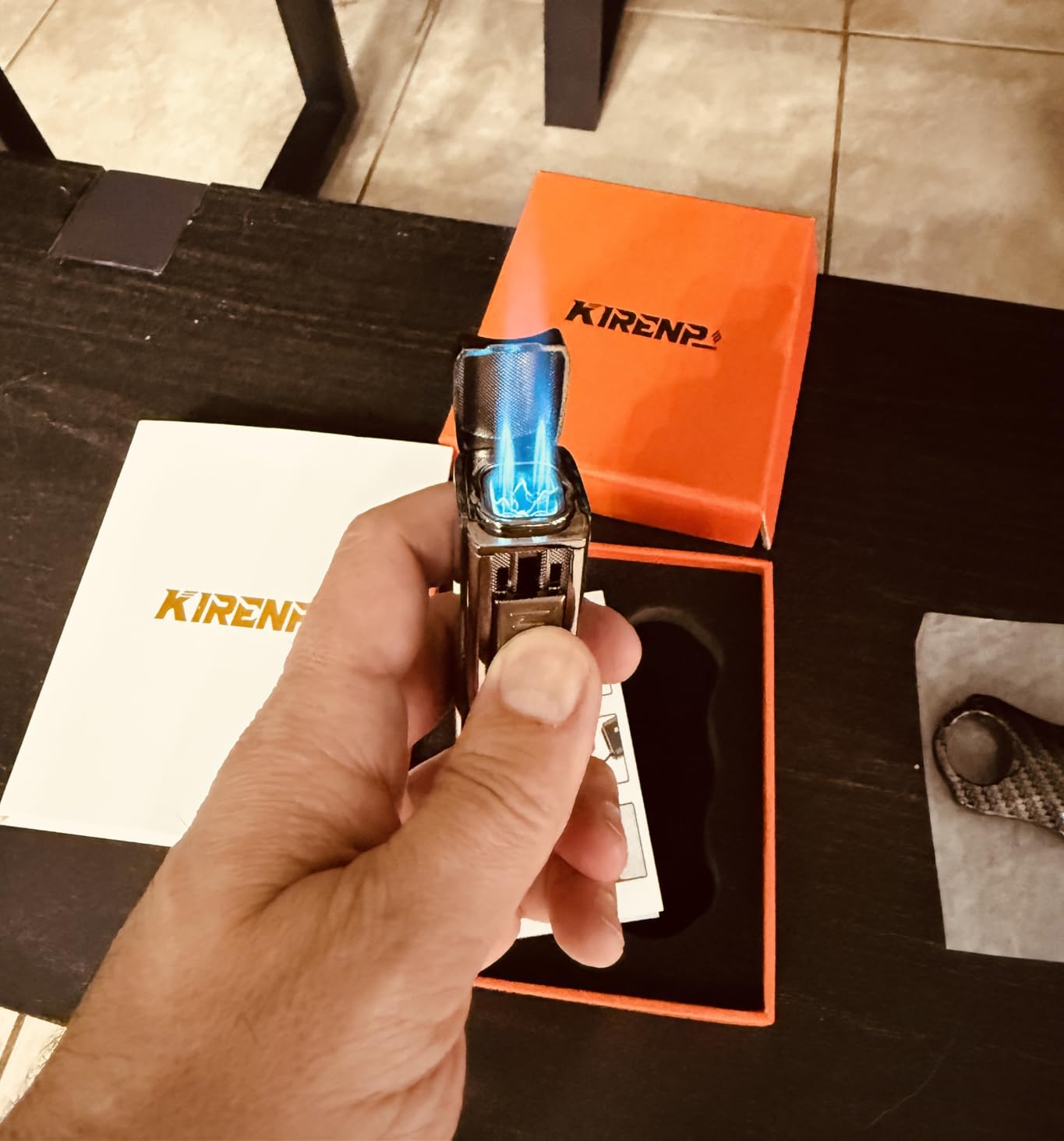 All-in-one Cigar Lighter with V Cigar Cutter, Built-in Cigar Punch, Holder, Quad Windproof Jet Flame, Refillable Torch Lighter Set with Gift Box, Cool lighters for Smoking, Birthday (Carbon Fiber) customer photo 1