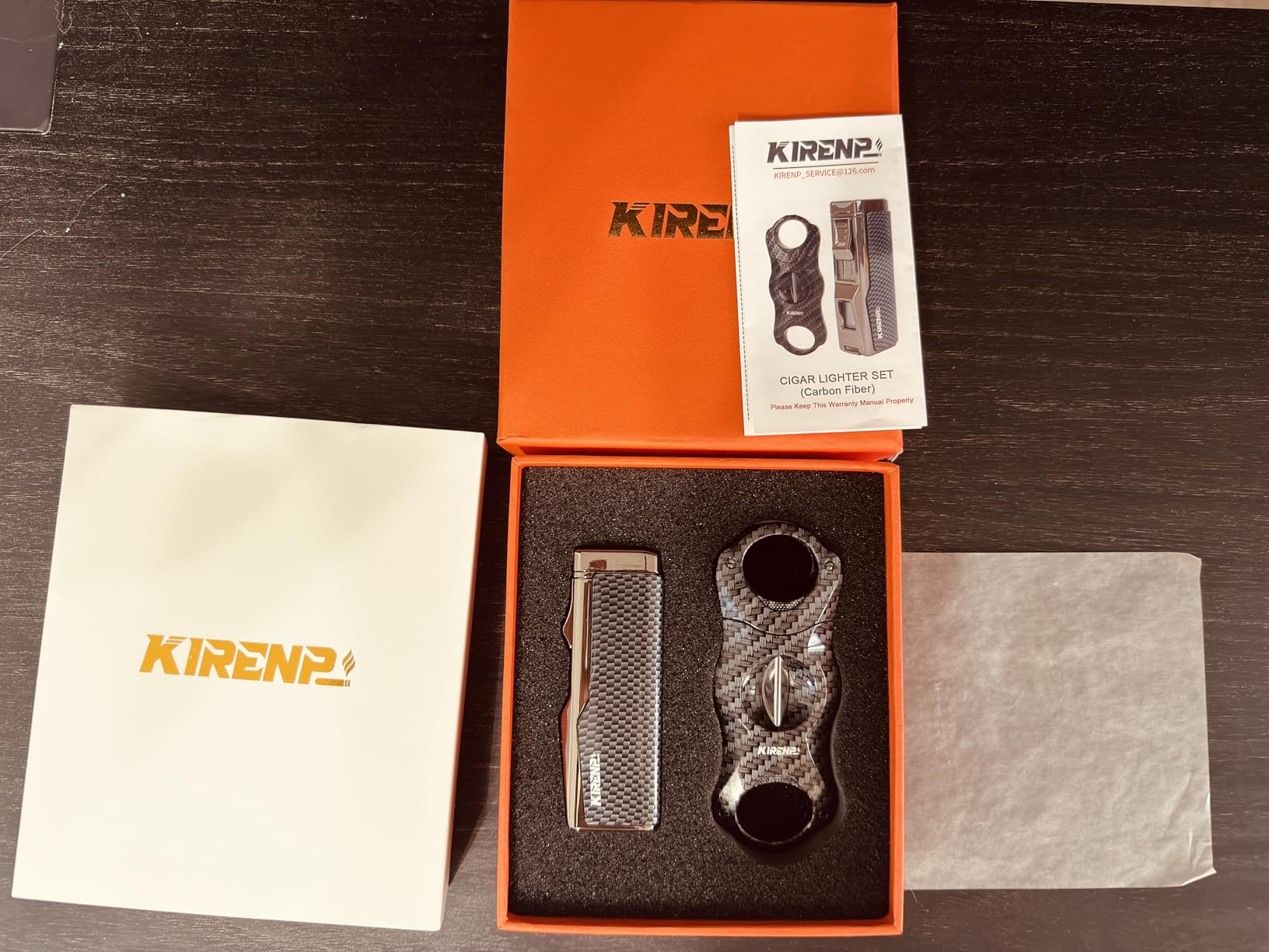 All-in-one Cigar Lighter with V Cigar Cutter, Built-in Cigar Punch, Holder, Quad Windproof Jet Flame, Refillable Torch Lighter Set with Gift Box, Cool lighters for Smoking, Birthday (Carbon Fiber) customer photo 2