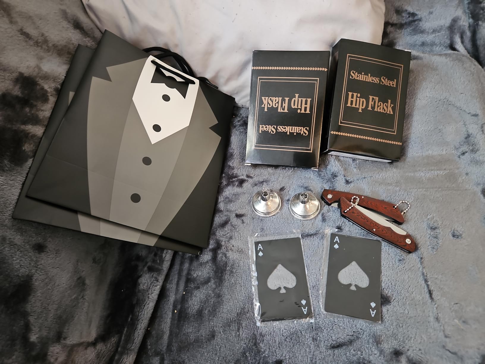 Tioncy 48 Pcs Groomsmen Proposal Gift 8 Engraved Pocket Knife 8 Groomsmen Gift Bags 8 Shot Glasses with Tuxedos 8 Stainless Steel Hip Flask 8 Poker Card Bottle Opener 8 Sunglasses customer photo 1