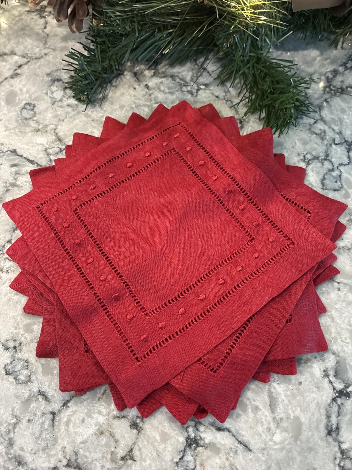Linen Cocktail Napkins 6 x 6 inch - 100% Pure Linen Natural Napkins Cloth with Embroidered Dot Set of 12 - Hemstitch Coaster Napkin Washable for Summer customer photo 2