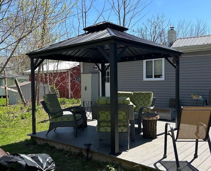 Kozyard Caesar 10'x12' Hardtop Gazebo - Permanent Metal Pavilion with Netting and Shaded Curtains for Patio, Backyard, and Deck - Galvanized Steel Outdoor Aluminum Canopy, Double Roof Gazebo (Brown) customer photo 2