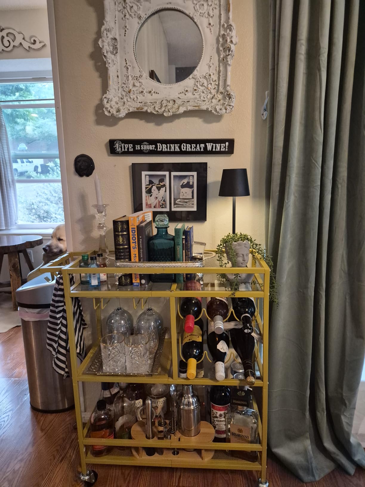 MAHANCRIS Bar Cart for Home, 3-Tier Serving Cart with Wheels and Handle, Beverage Cart with Wine Rack and Glass Holders, Rolling Wine Cart for Kitchen, Dining Room, Gold RCJ61B01 customer photo 1