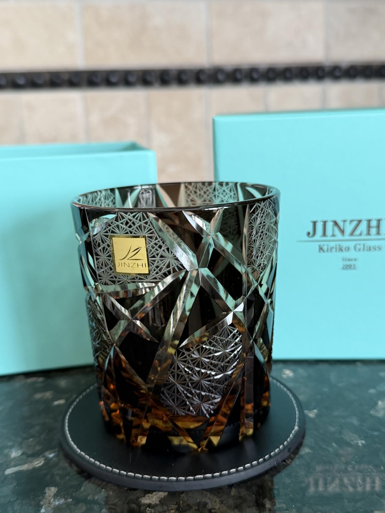 JINZHI Edo Kiriko Old Fashioned Glasses Japanese Style Crystal Amber 8 oz Black Diamond Cut Glass Cup Tumbler for Vodka Cocktail Whiskey customer photo 1