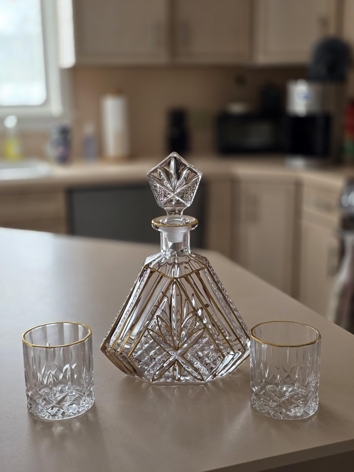 Hand-painted Gold Decanter Set for Men - Whiskey Decanter, Wine Aerator, and 2 Glasses, Liquor Bottles, Bourbon and Tequila Decanter, crystal decanter and 2 old fashioned glass customer photo 2