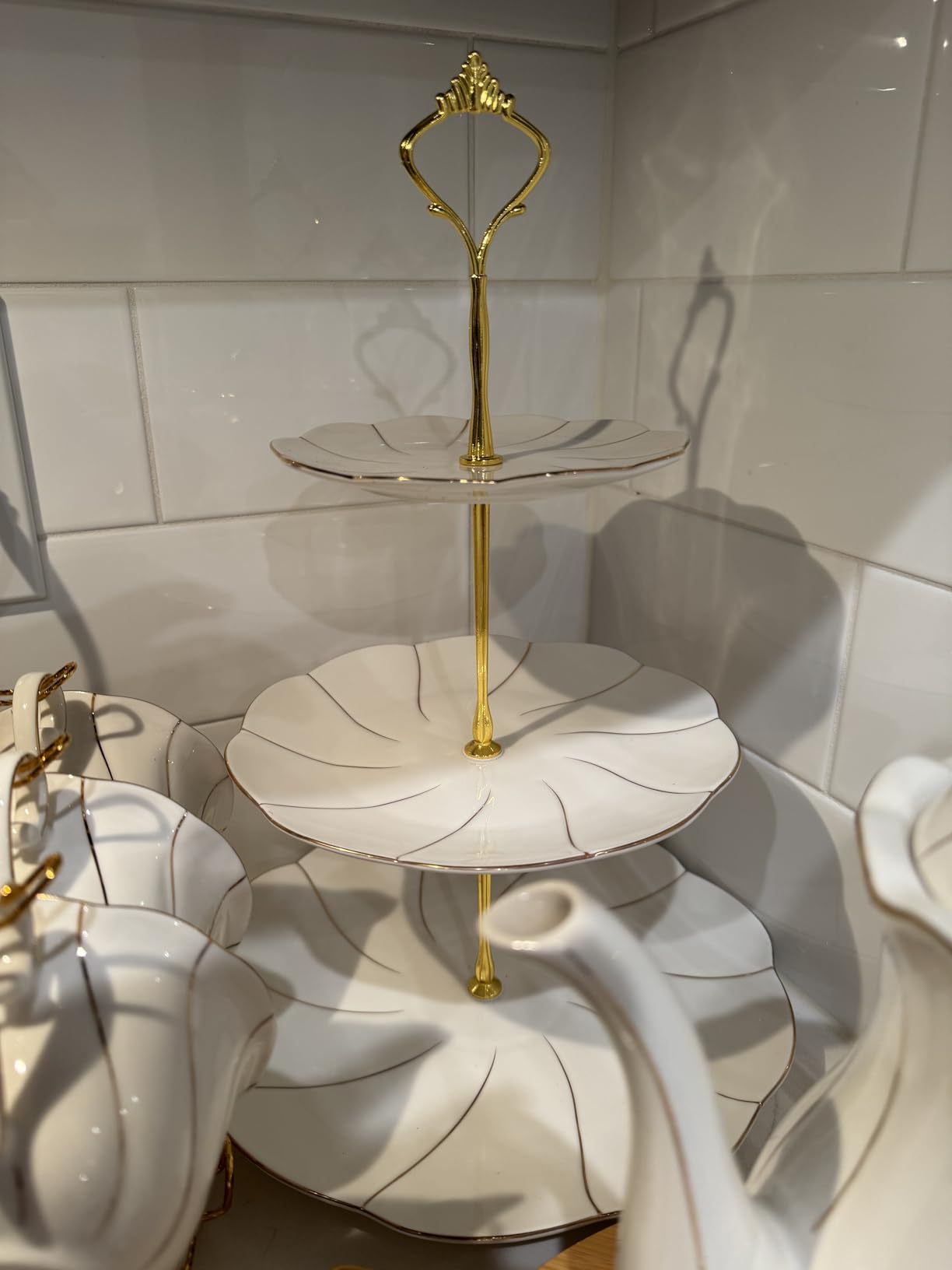 DUJUST Luxury Porcelain 3-Tier Cupcake Stand Tower, British Style Serving Tray with Golden Trim, Food Grade Dessert Display Stand, Beautiful Gift for Tea Party & Home Décor customer photo 2
