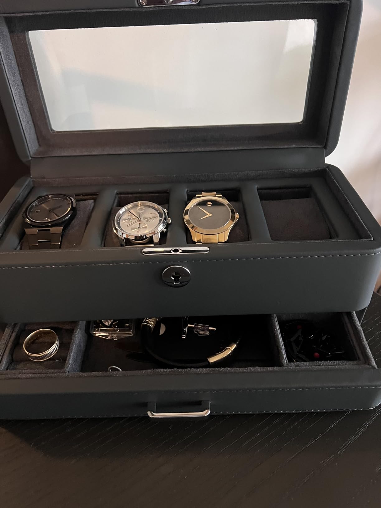 ROTHWELL 4 Slot Leather Watch Box with Valet Drawer - Luxury Case Display Jewelry Organizer, Locking Display Case Holder with Real Glass Top - Watch Box Organizer for Men & Women (Carbon) customer photo 2