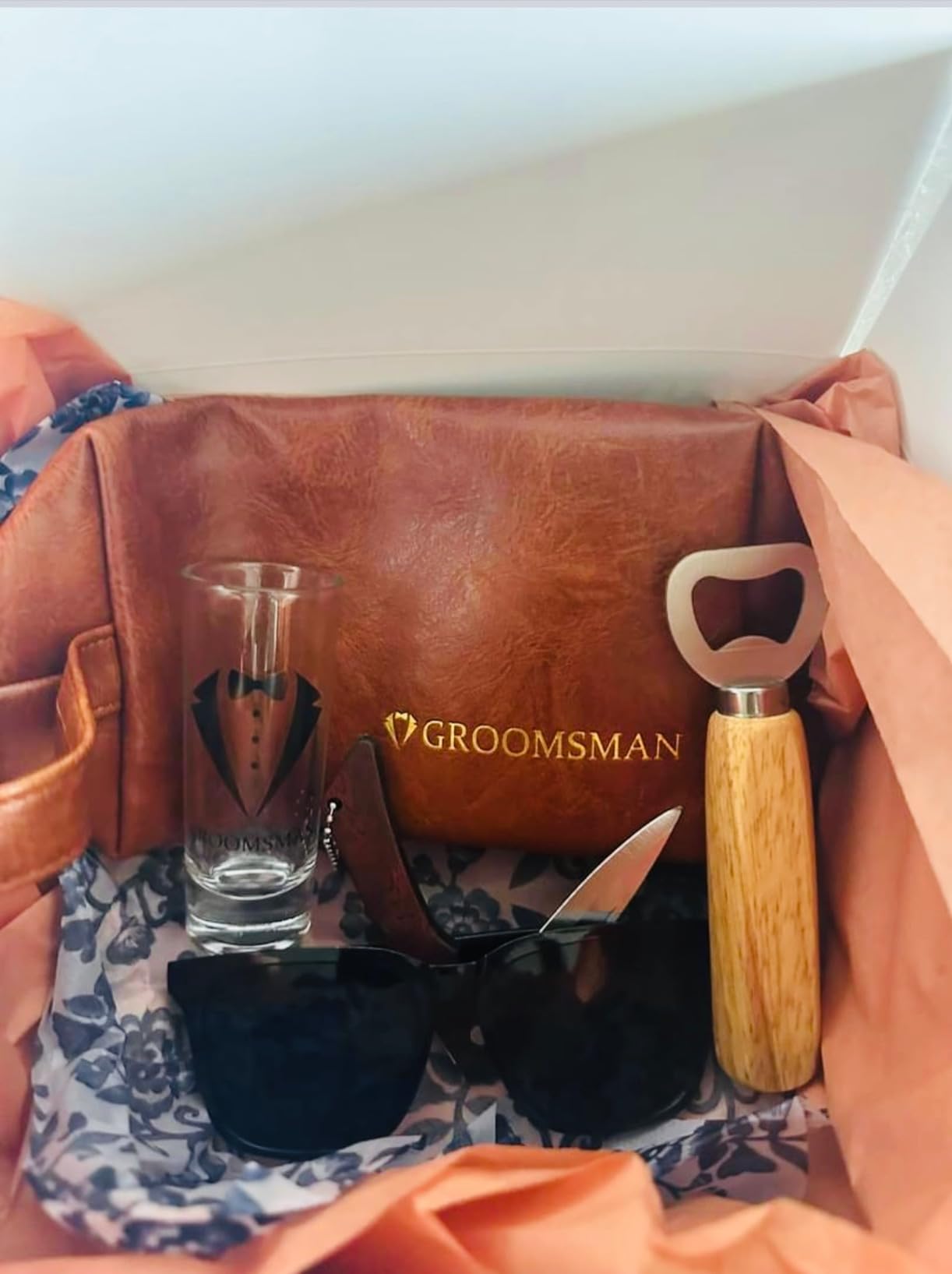 Yungyan 36 Pieces Groomsmen Gifts Set of 6, Groomsmen Proposal Box with Shot Glasses Sunglasses PU Leather Toiletry Bag Wood Folding Knife Bottle Opener Wedding Gift customer photo 2