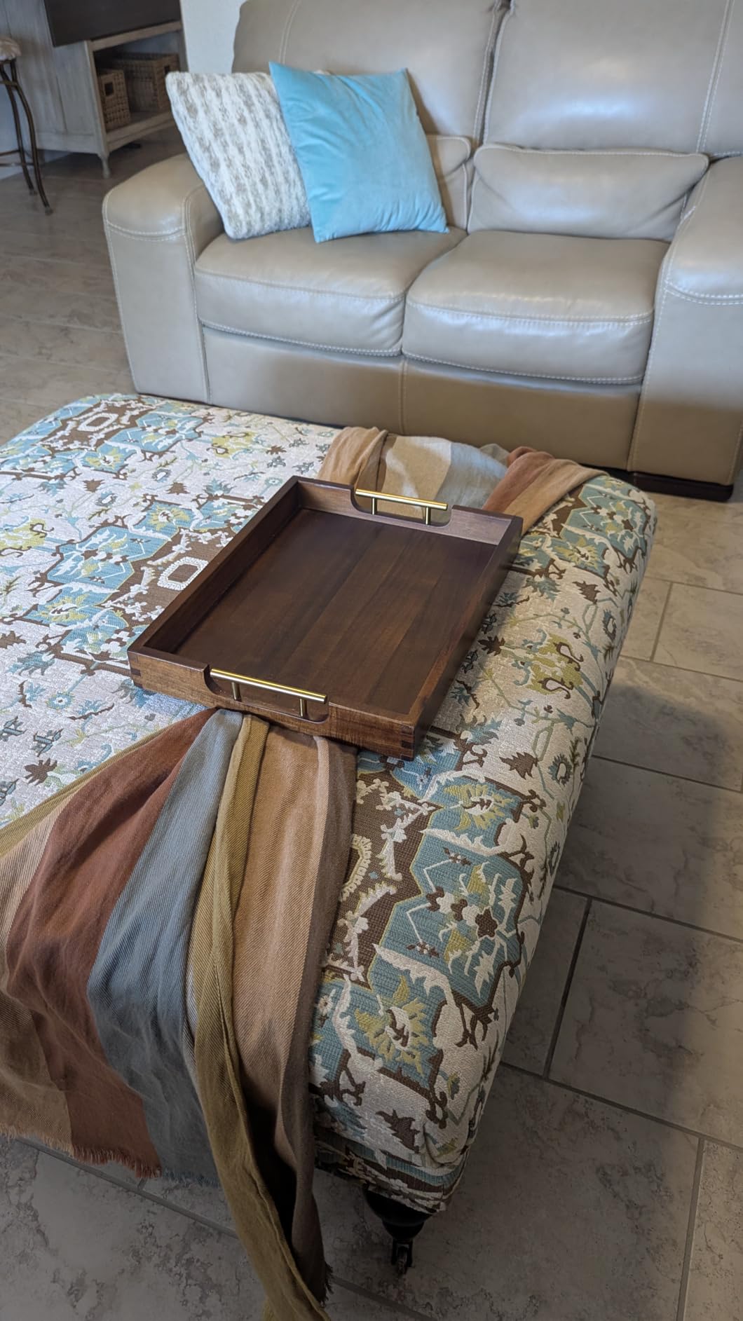 Joy&Grace Ottoman Tray for Living Room, Large Acacia Wooden Serving Tray with Handles for Coffee Table, Breakfast in Bed, Food Dinner, Decorative Tray (Color Natural, 16.7