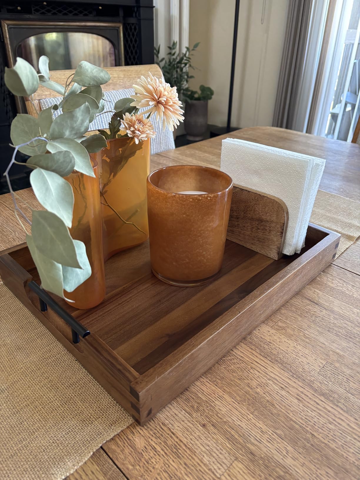 Joy&Grace Ottoman Tray for Living Room, Large Acacia Wooden Serving Tray with Handles for Coffee Table, Breakfast in Bed, Food Dinner, Decorative Tray (Color Natural, 16.7