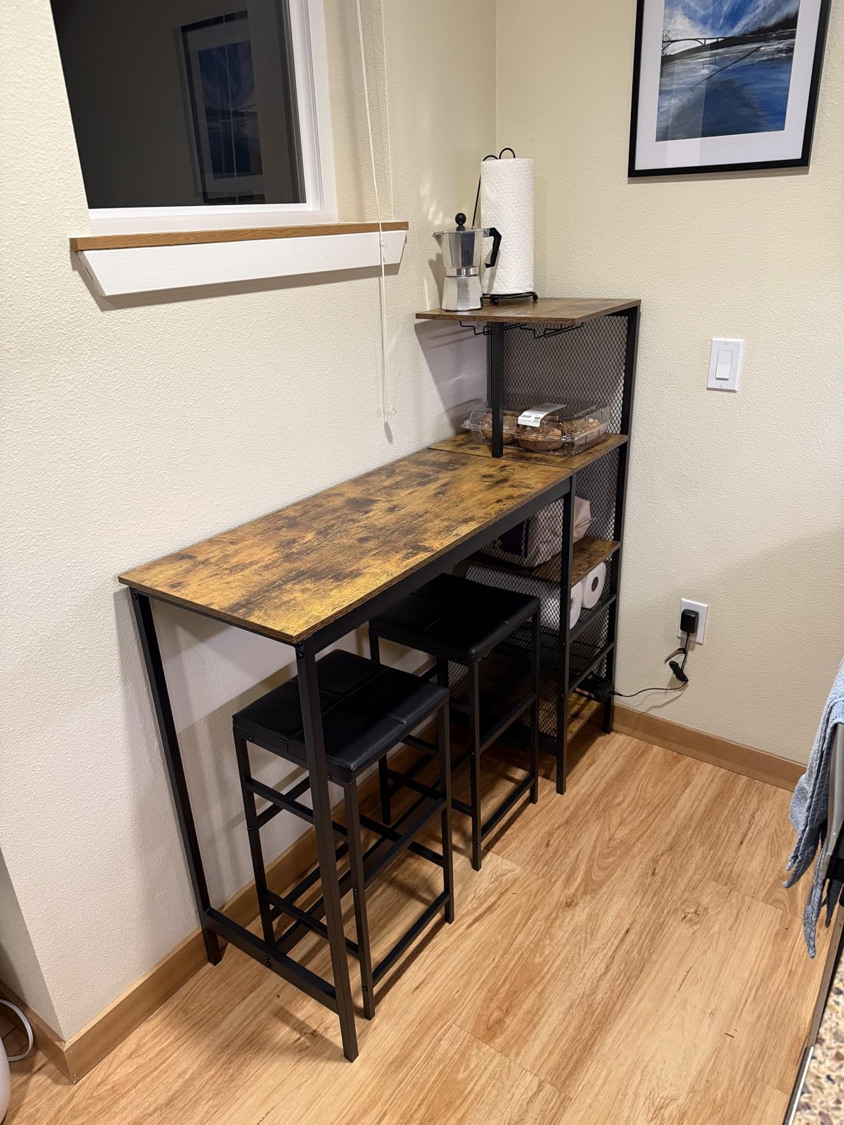 VECELO Bar Table and Chairs Set for 2, 3-Piece Dining Set with Storage Shelves, Cup Holder & Wine Rack, PU Leather Cushion Stools, for Kitchen Small Space, Brown customer photo 1