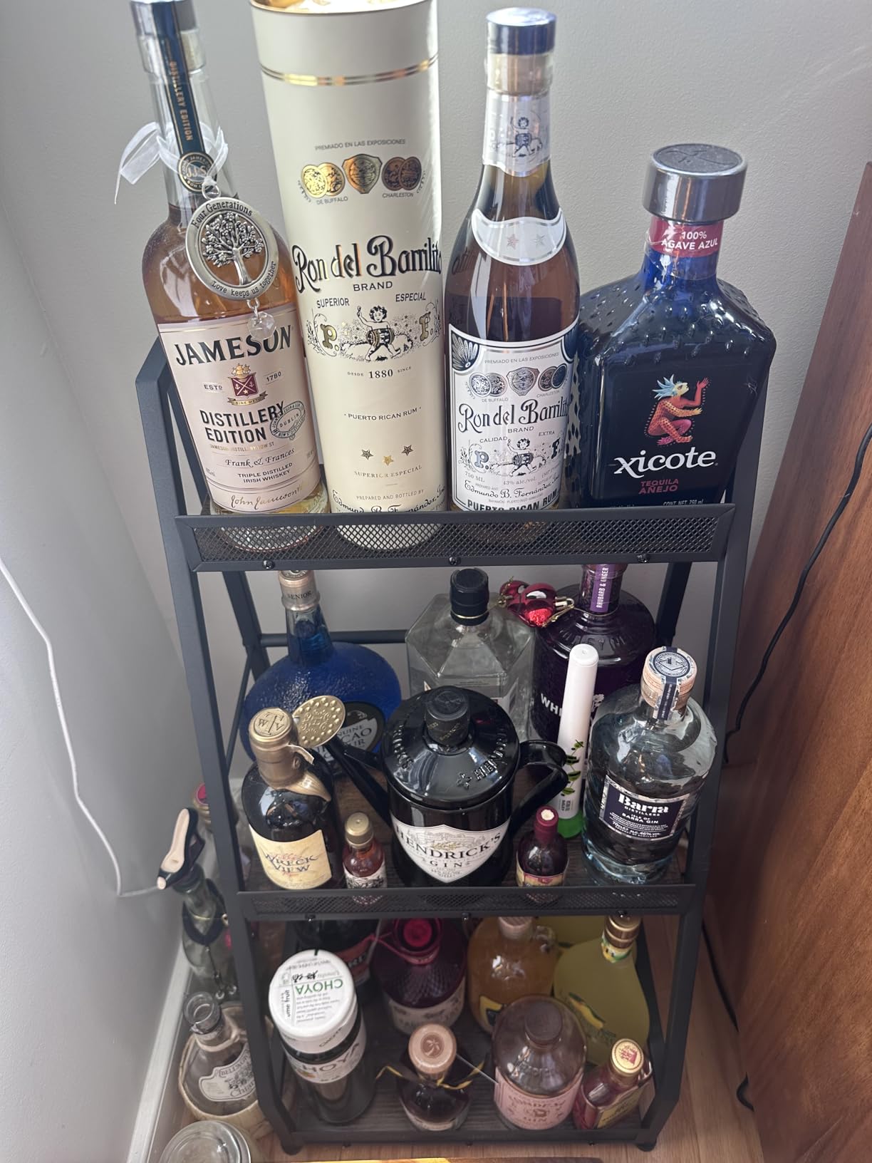 3-Tier Liquor Stand for Home Bar, Stepped Wine Rack Freestanding Floor for Liquor Whiskey Wine, Versatile Corner Wine Bottle Display Stand with Fences, Vintage Brown, Safe Height for Kids & Pets customer photo 2