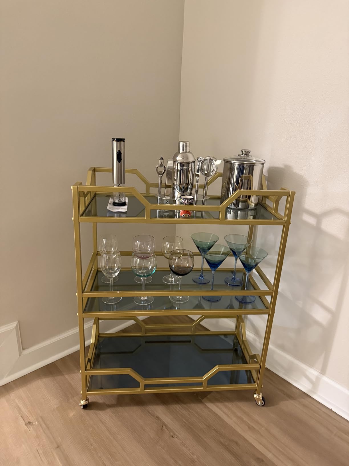 Square Gold Bar Carts with 3 Tier Storage Glass Shelves Holder Home Serving Bar Carts on Wheels for Kitchen, Bar, Dinning Room customer photo 1
