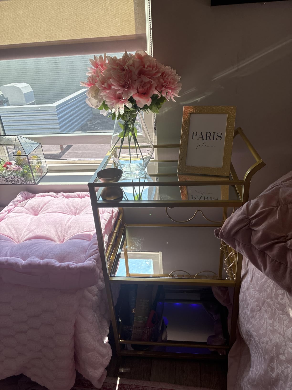 TUTOTAK Bar Cart, Home Bar Serving Cart with 3-Tier Mirrored Shelf, Wine Cart, Mobile Kitchen Shelf, Gold BC01BB034 customer photo 1